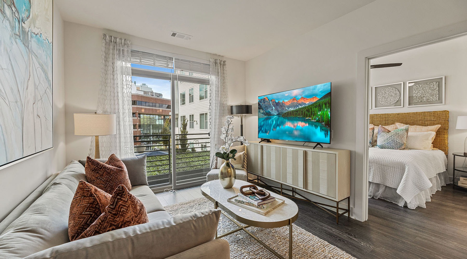 living room with tv couch and coffee table